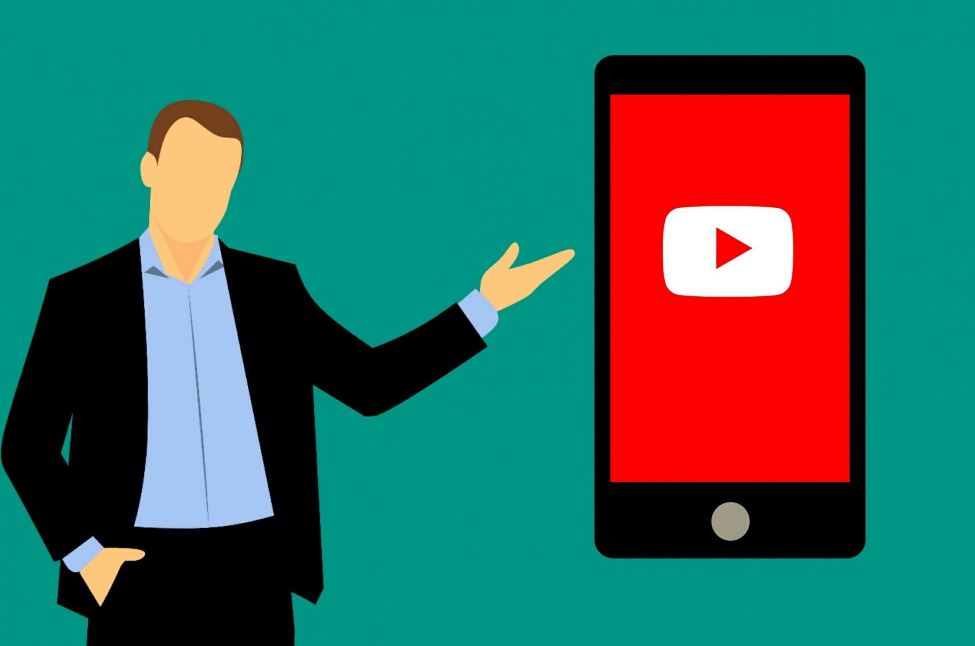 Illustration of a man in a suit pointing at a phone with the YouTube play button