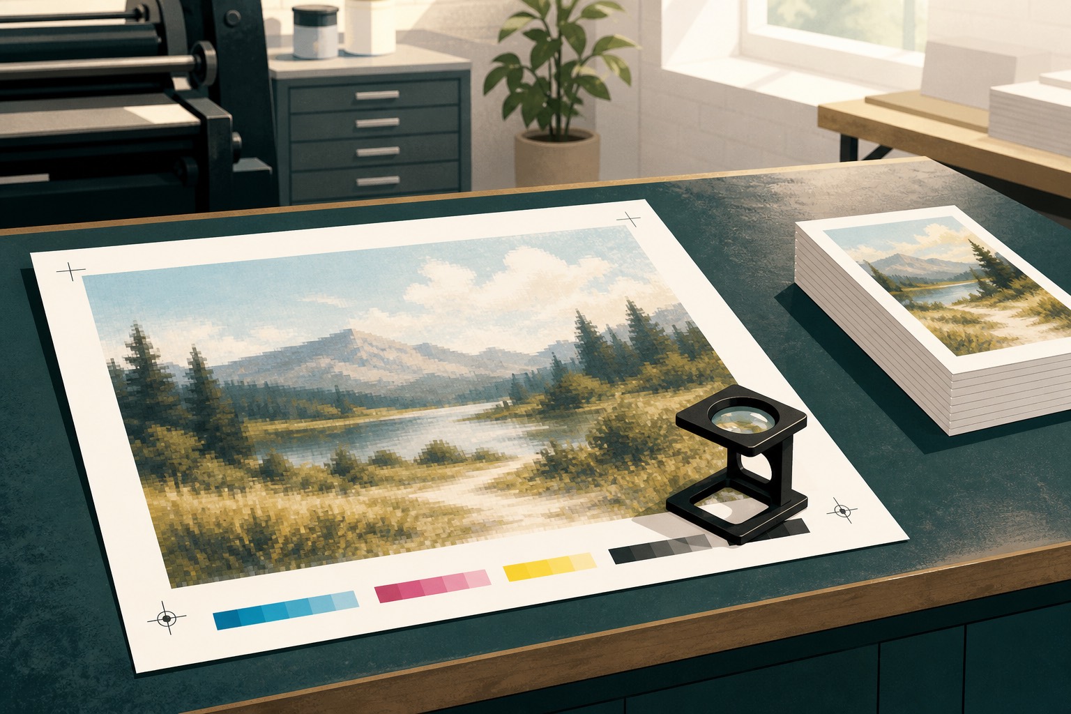 Illustration of a print-shop counter with a paper proof, crop marks, and CMYK color bars